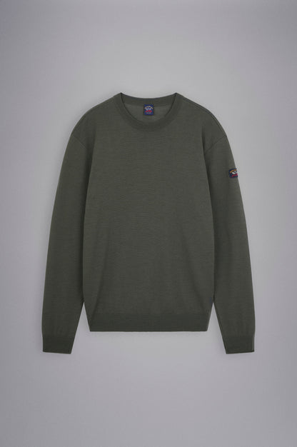 Paul & Shark Merino Wool Crew Neck with Iconic Badge C0p1040 - Dark Green C0P1040-044-f-v