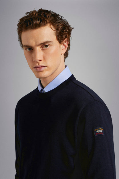 Paul & Shark Merino Wool Crew Neck with Iconic Badge C0P1040 - Navy C0P1040-050-ad-v