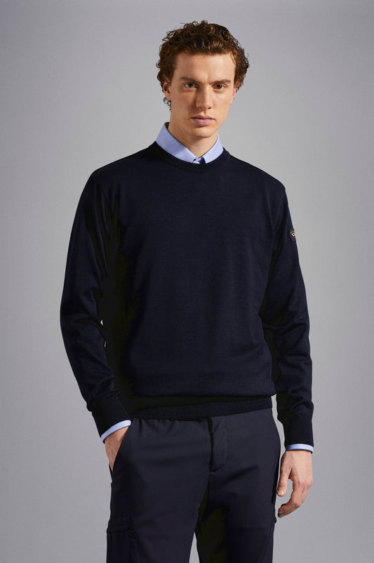 Paul & Shark Merino Wool Crew Neck with Iconic Badge C0P1040 - Navy C0P1040-050-af-v
