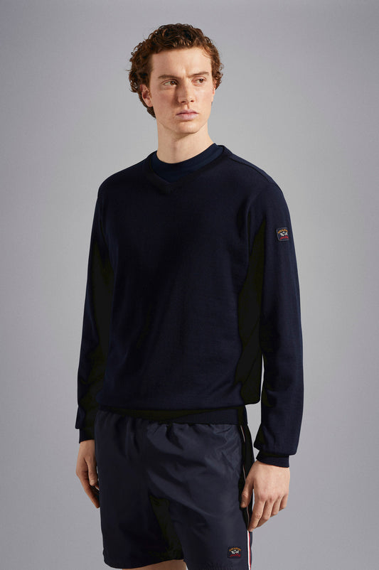 Paul & Shark Merino Wool V-neck With Iconic Badge C0P1041 - Navy C0P1041-050-af-v