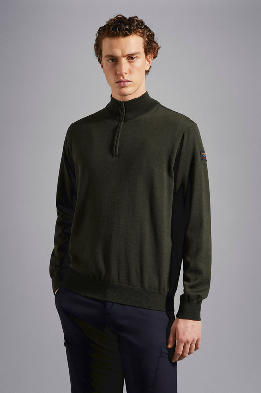 Paul & Shark Half-zip Merino Wool Sweater with Iconic Badge - Forest Night C0P1043-044-af-v