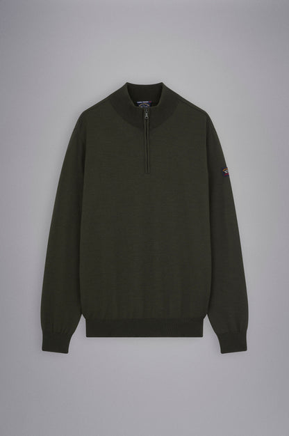 Paul & Shark Half-zip Merino Wool Sweater with Iconic Badge - Forest Night C0P1043-044-f-v