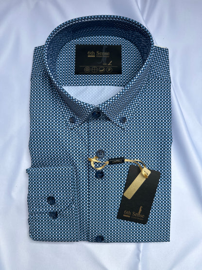 Geo-print shirt, close-up of the square and cross motif — Ryle Menswear, Tralee