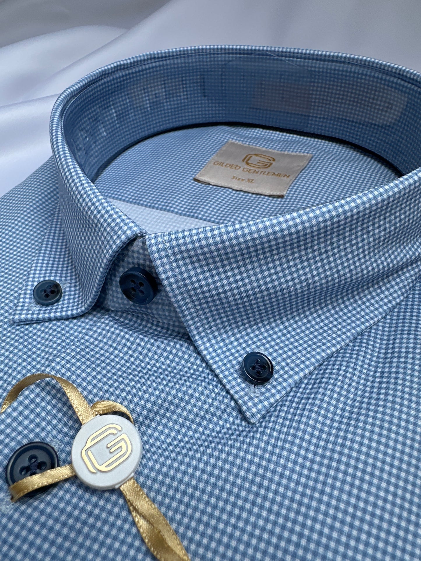 Blue gingham 6th Sense Design shirt, fabric close-up — Ryle Menswear, Tralee
