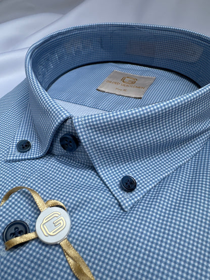 Blue gingham 6th Sense Design shirt, fabric close-up — Ryle Menswear, Tralee