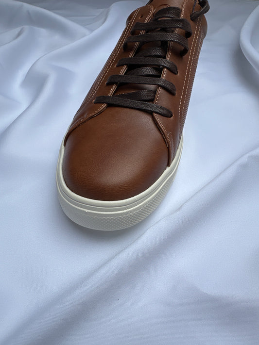 Brent Pope Ashhurst cognac leather trainer, side view with cream cup sole