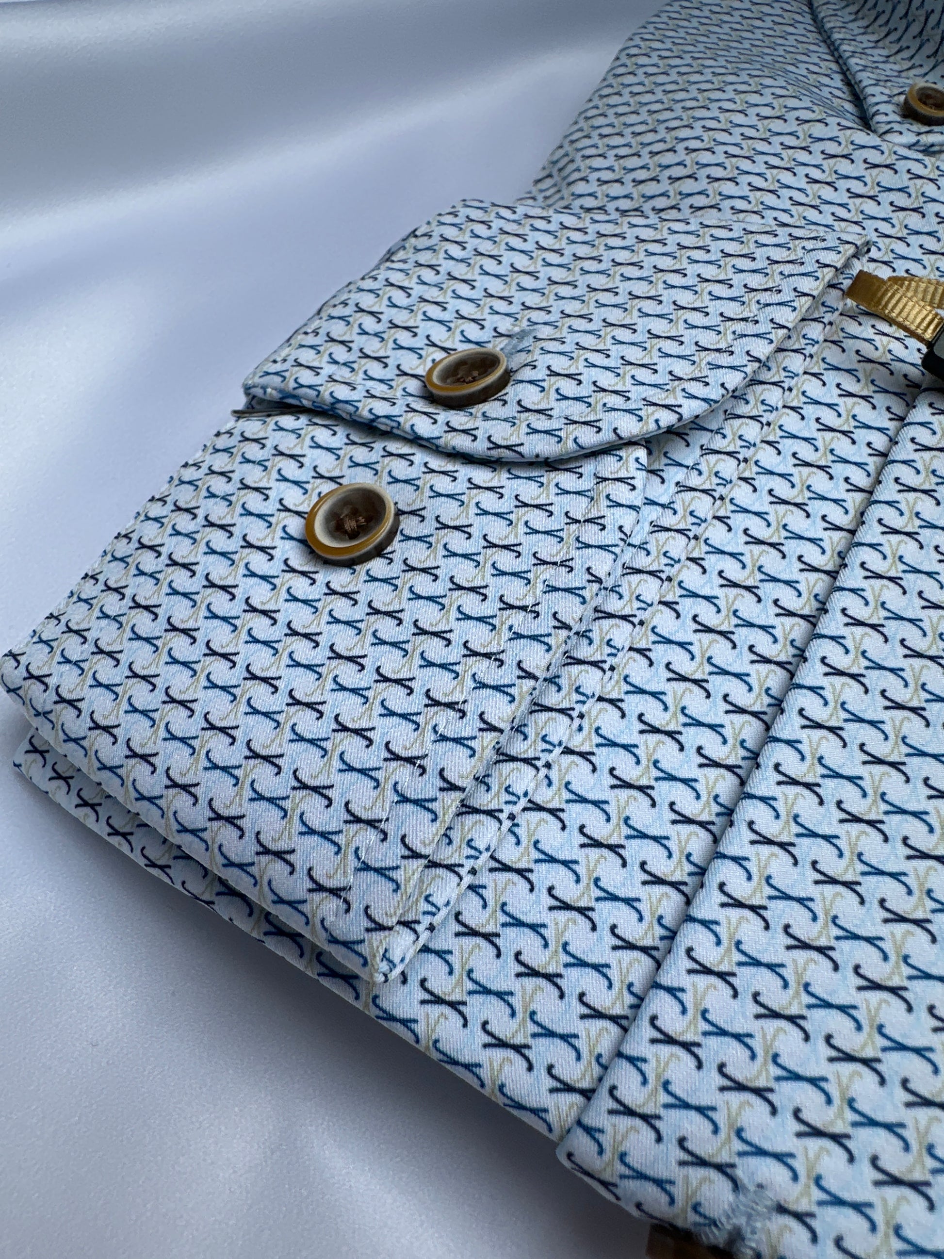 Light blue cross-print shirt, button-down collar detail — Ryle Menswear, Tralee