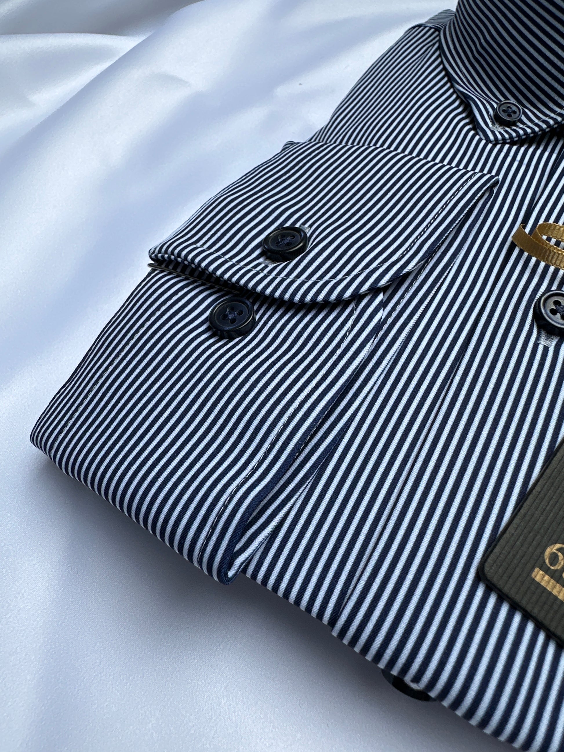 Blue striped 6th Sense Design shirt, collar detail — Ryle Menswear, Tralee
