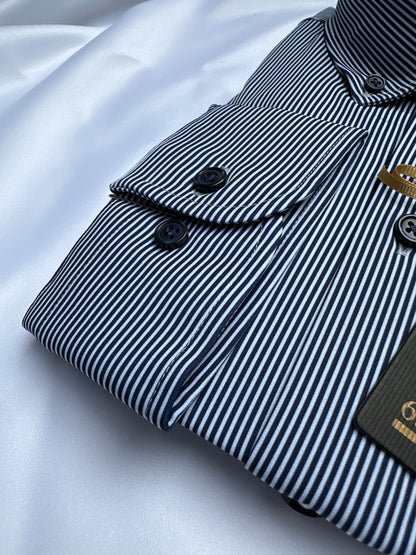 Blue striped 6th Sense Design shirt, collar detail — Ryle Menswear, Tralee