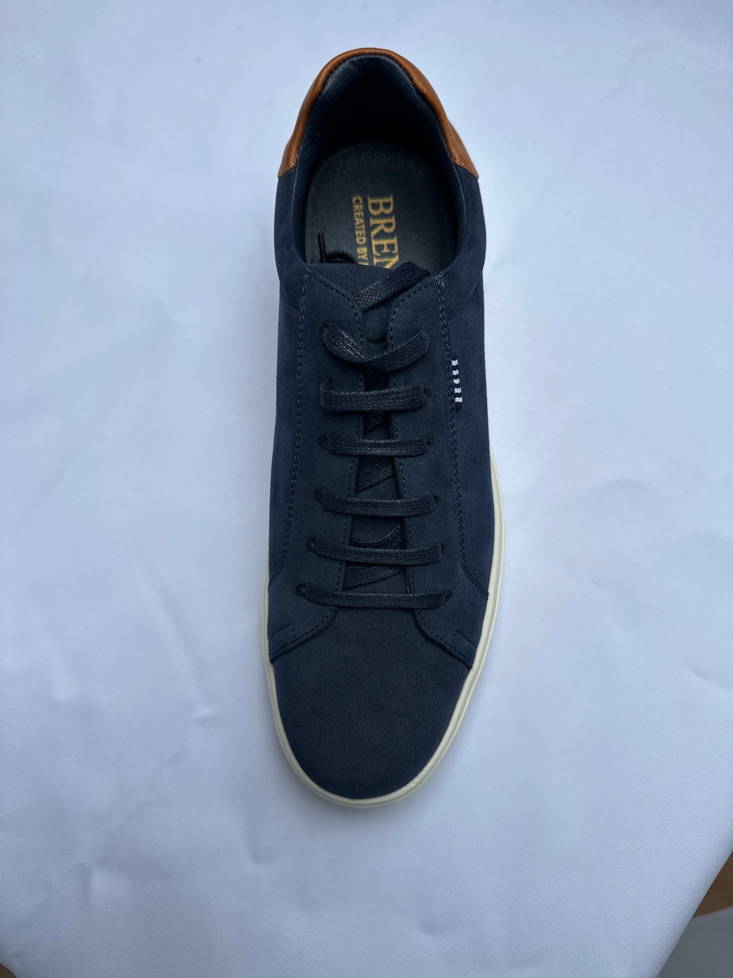 Brent Pope Ashhurst navy suede trainer, detail of cream cup sole