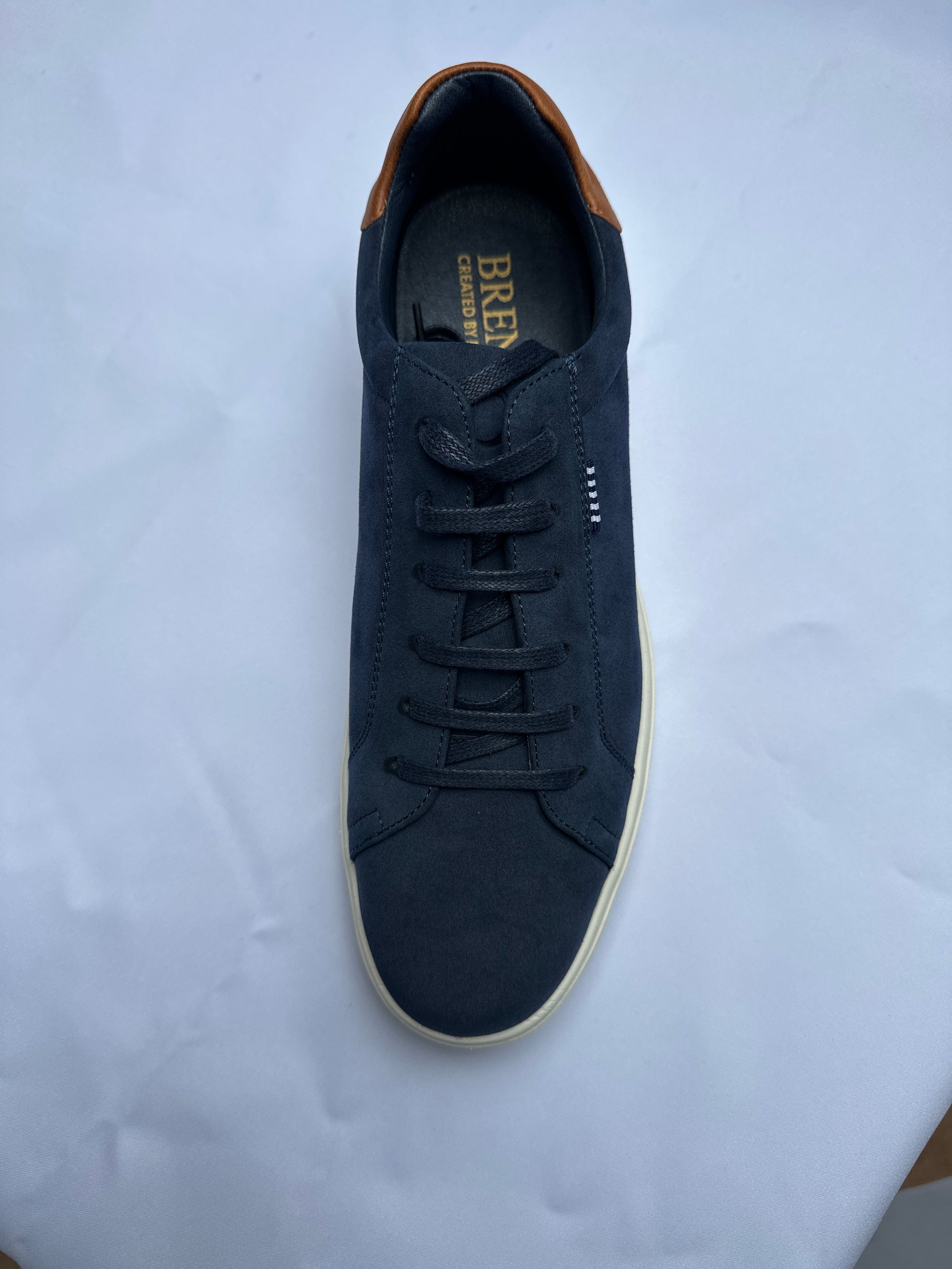 Brent Pope Ashhurst navy suede trainer, detail of cream cup sole