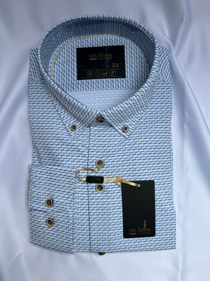 Light blue cross-print shirt, close-up of the motif — Ryle Menswear, Tralee