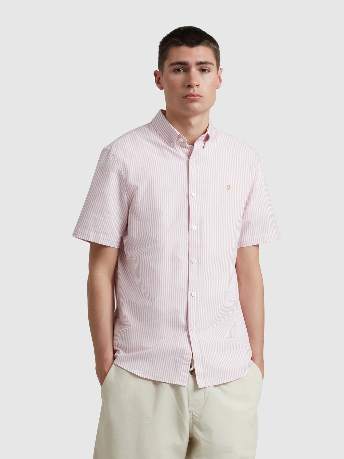 Farah Brewer Stripe Short Sleeve Shirt - Carnation Pink F4wmd0066771