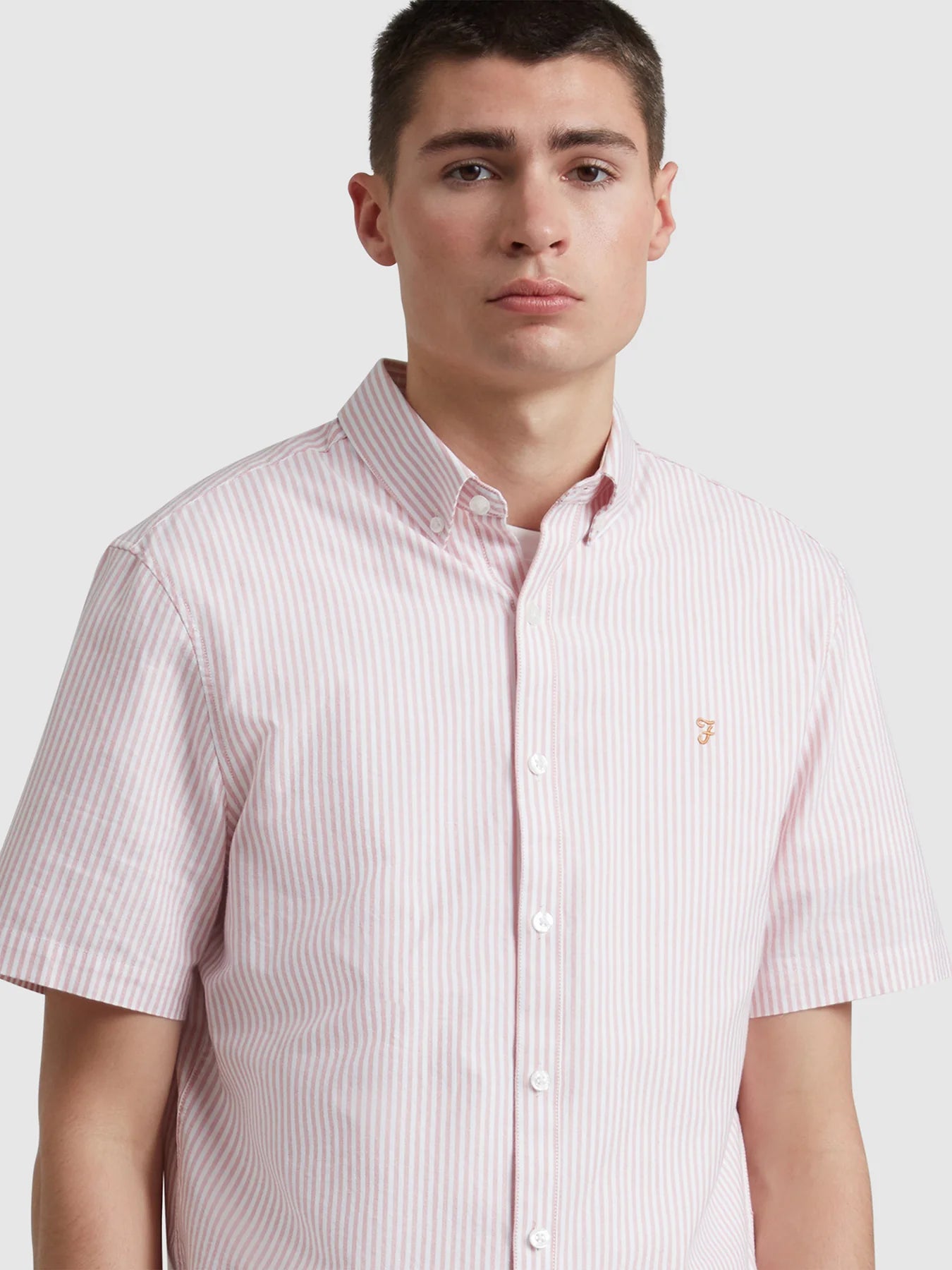 Farah Brewer Stripe Short Sleeve Shirt - Carnation Pink F4wmd0066774