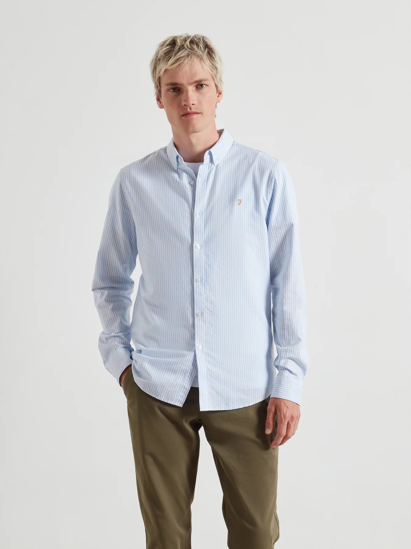 Farah Brewer Slim Fit Striped Organic Cotton Oxford Shirt - Sky Blue F4wsb0704681