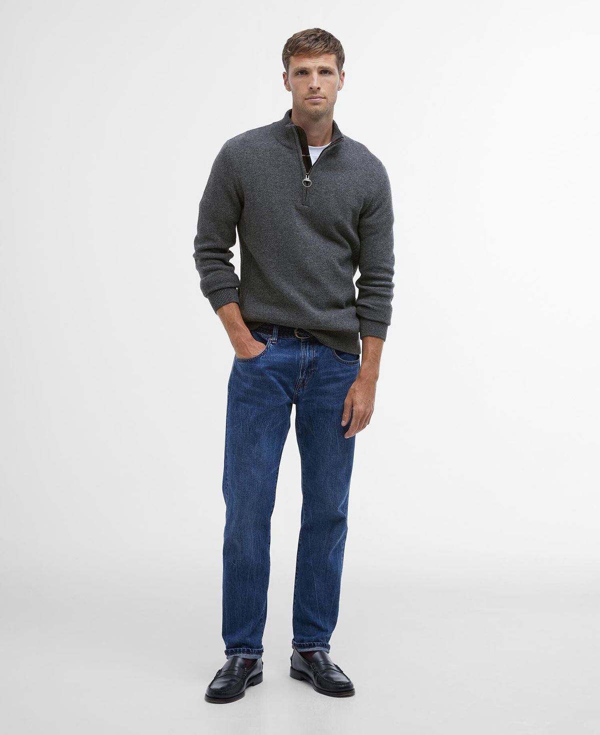 Barbour Holden Quarter Zip Jumper in Grey Marl - styled