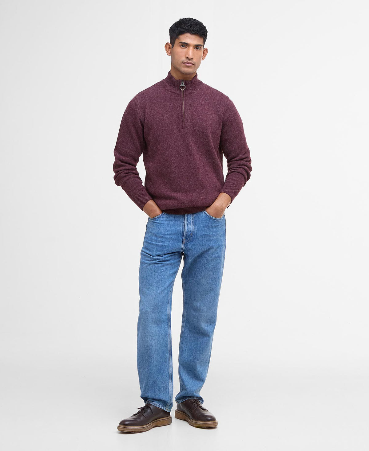 Barbour Holden Quarter Zip Jumper in Ruby - styled