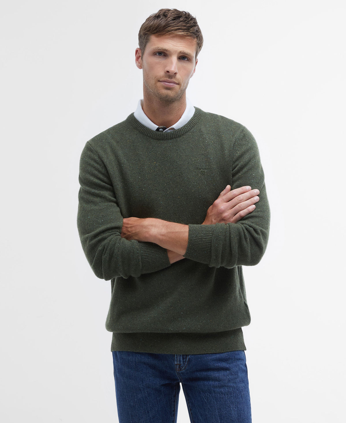 Barbour Essential Tisbury Crew Neck Jumper in Forest - front