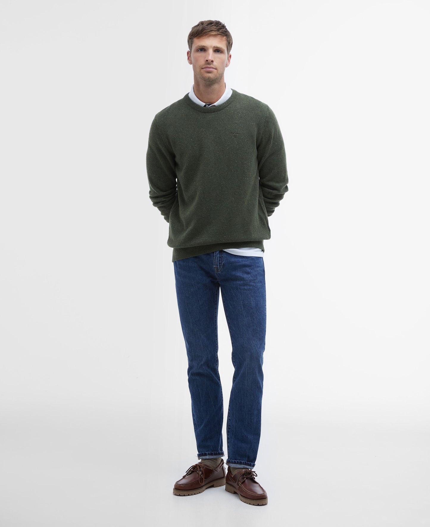 Barbour Essential Tisbury Crew Neck Jumper in Forest - styled