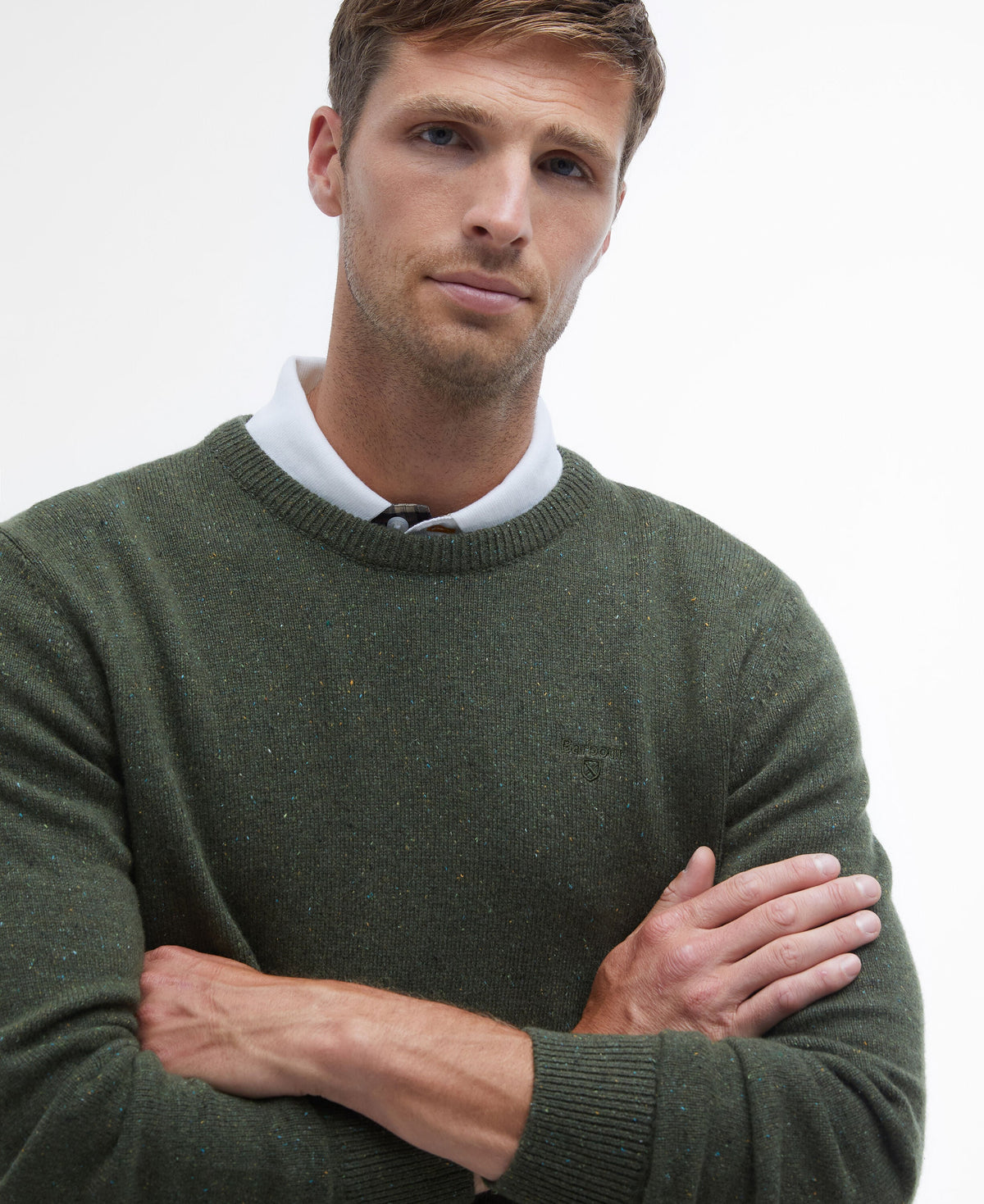 Barbour Essential Tisbury Crew Neck Jumper in Forest - detail