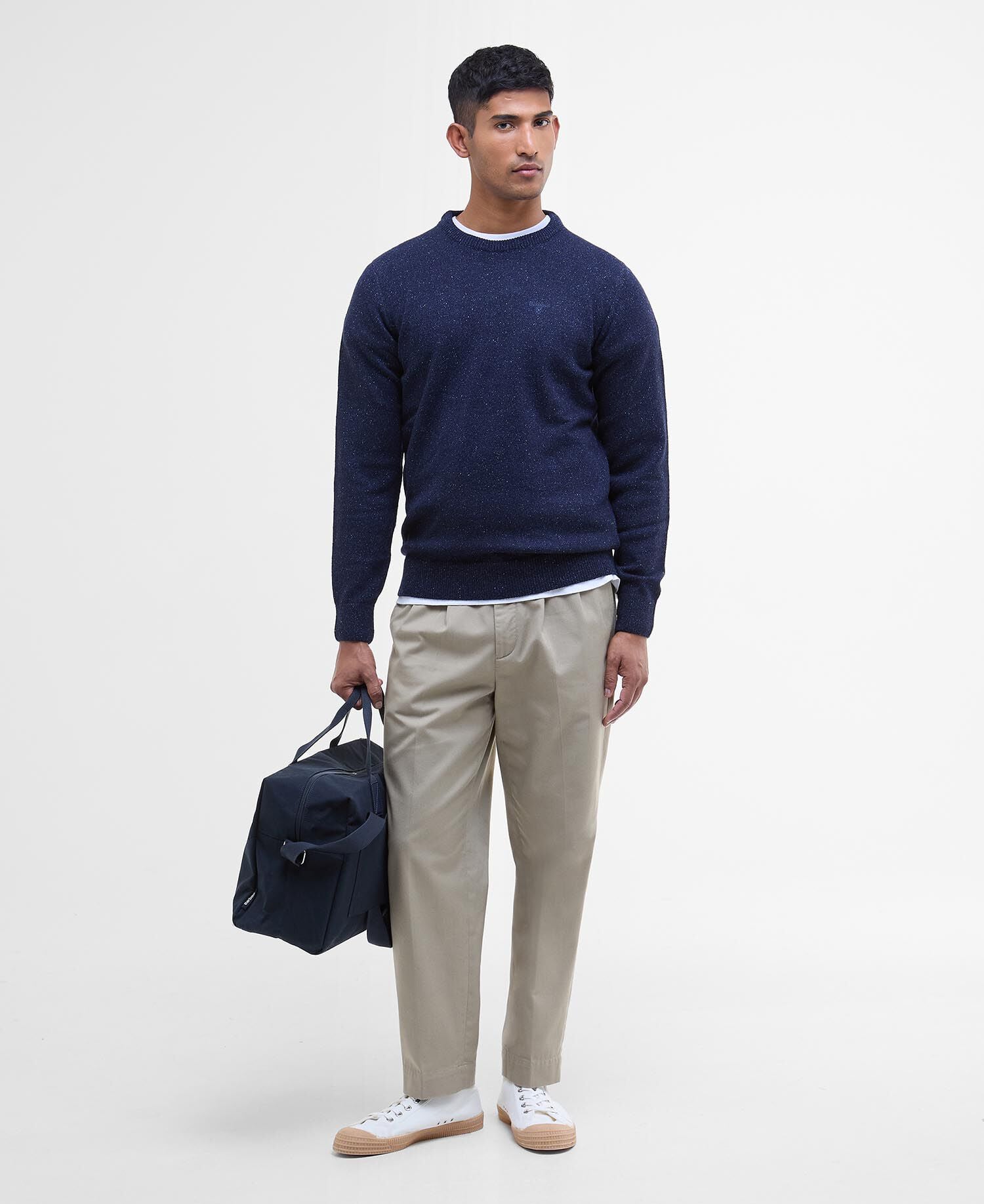 Barbour Essential Tisbury Crew Neck Jumper in Navy - styled