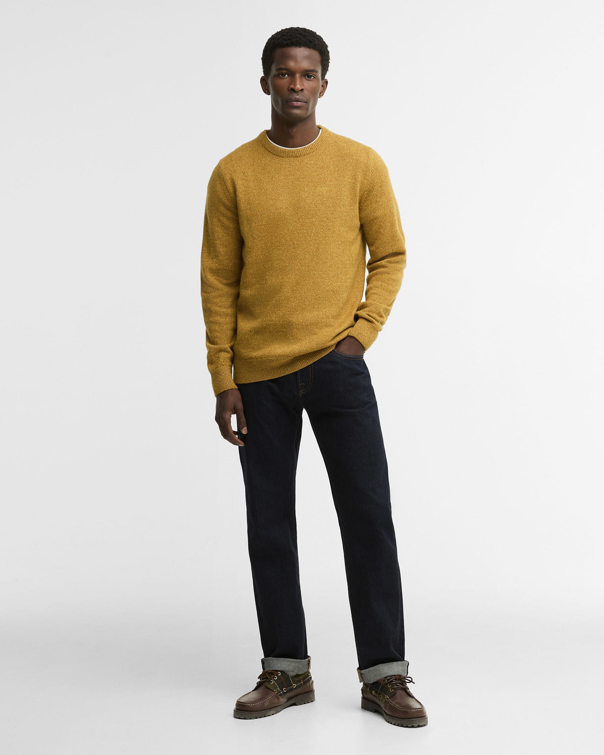 Barbour Essential Tisbury Crew Neck Jumper in Copper - styled