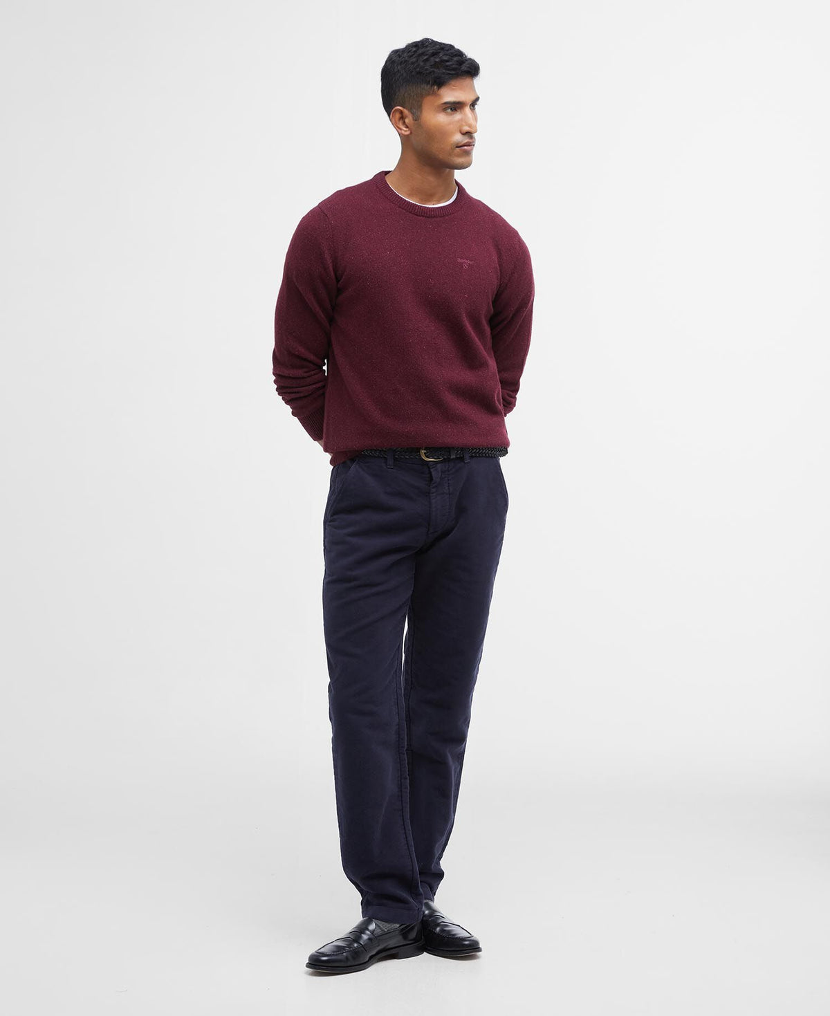 Barbour Essential Tisbury Crew Neck Jumper in Ruby - styled