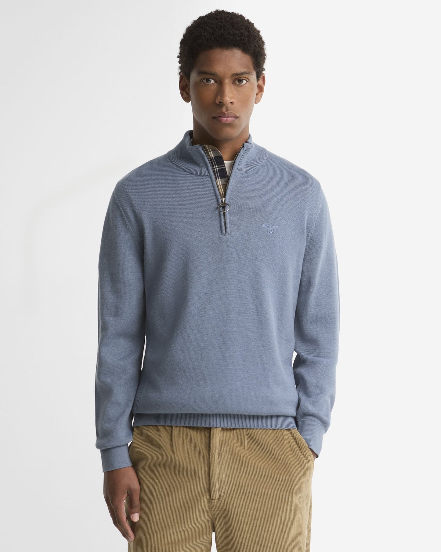 Barbour Cotton Quarter-Zip Jumper in Tarn Blue - front on model