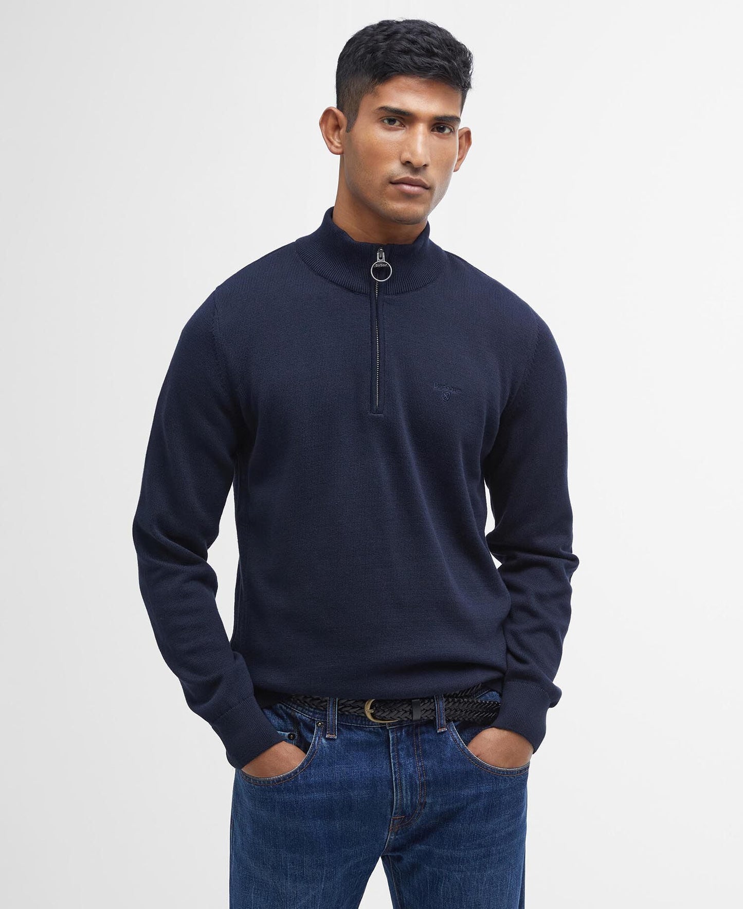 Barbour Cotton Quarter-Zip Jumper in Navy - front on model
