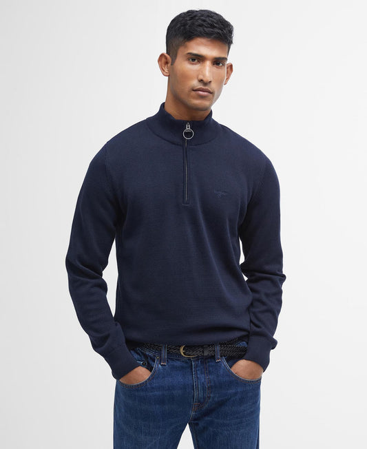 Barbour Cotton Quarter-Zip Jumper in Navy - front on model