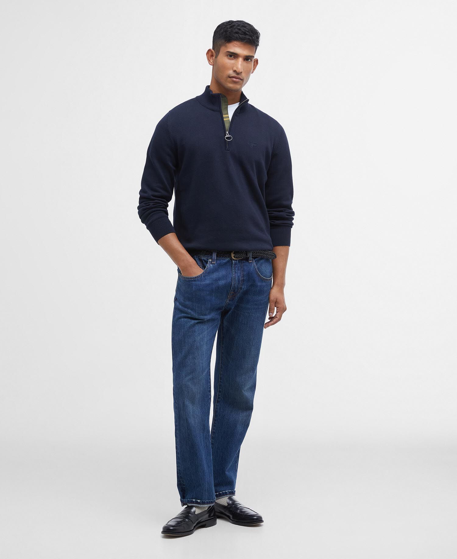 Barbour Cotton Quarter-Zip Jumper in Navy - styled look