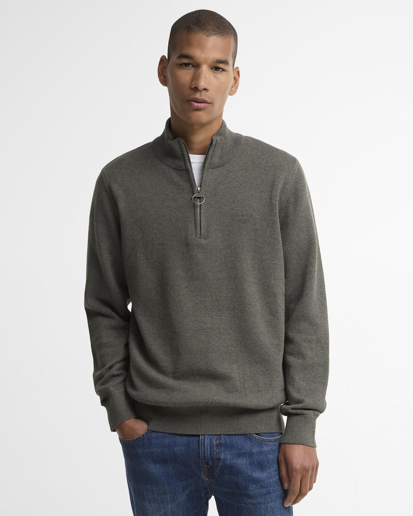 Barbour Cotton Quarter-Zip Jumper in Olive - front on model