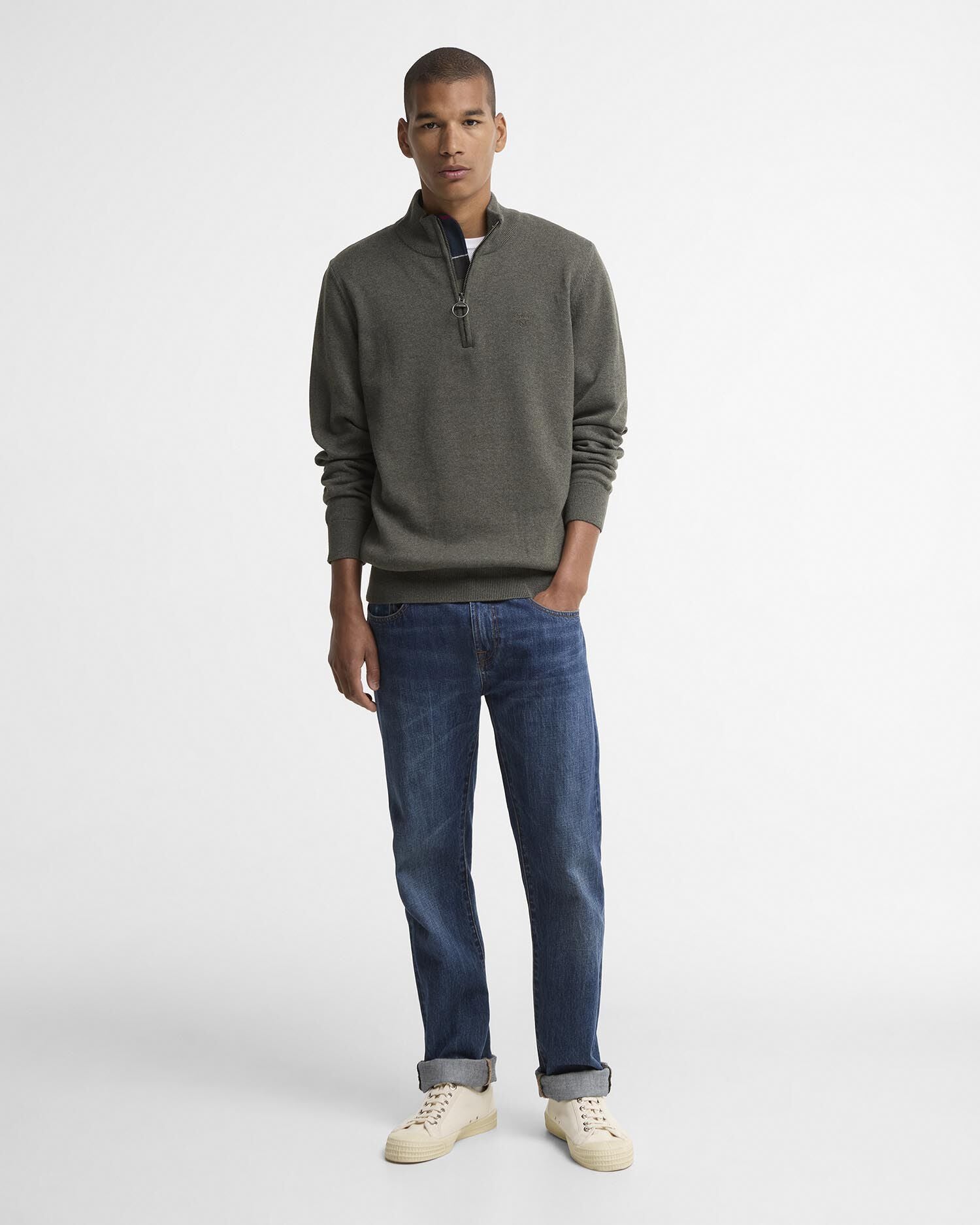 Barbour Cotton Quarter-Zip Jumper in Olive - styled look