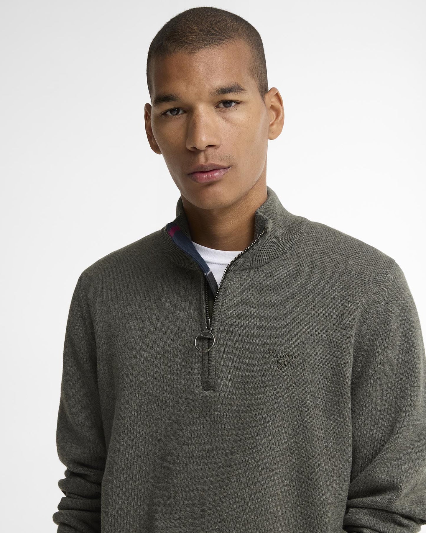 Barbour Cotton Quarter-Zip Jumper in Olive - detail