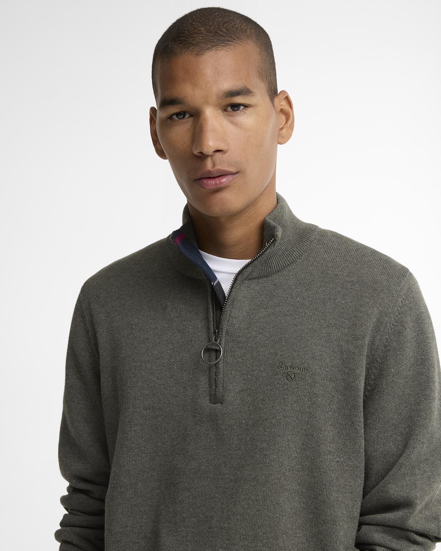 Barbour Cotton Quarter-Zip Jumper in Olive - detail