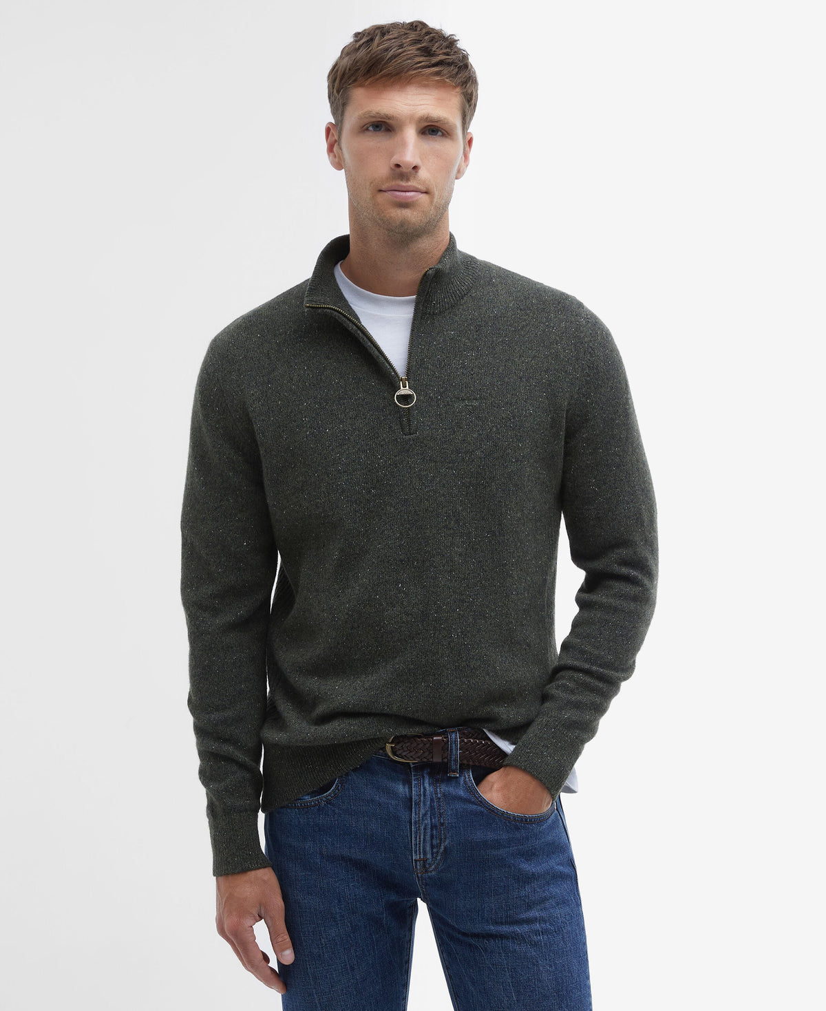 Barbour Essential Tisbury Quarter Zip Jumper in Dark Green - front