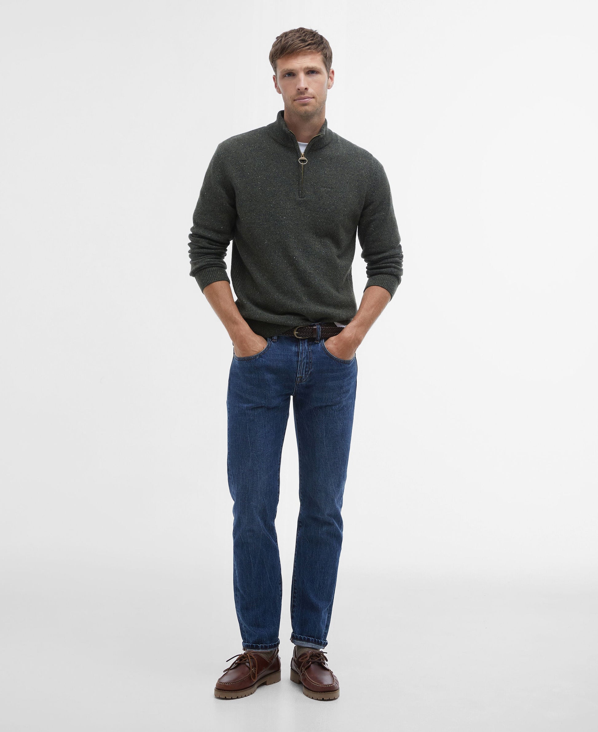 Barbour Essential Tisbury Quarter Zip Jumper in Dark Green - styled
