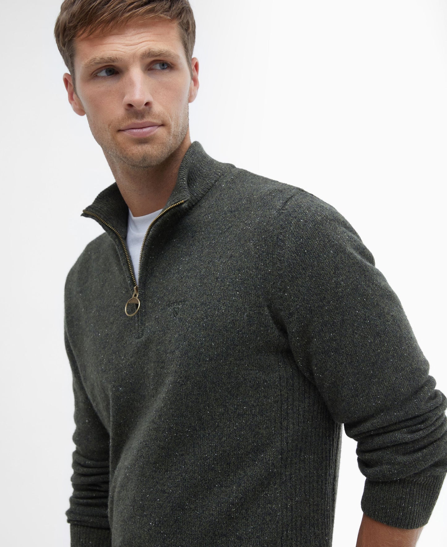 Barbour Essential Tisbury Quarter Zip Jumper in Dark Green - detail