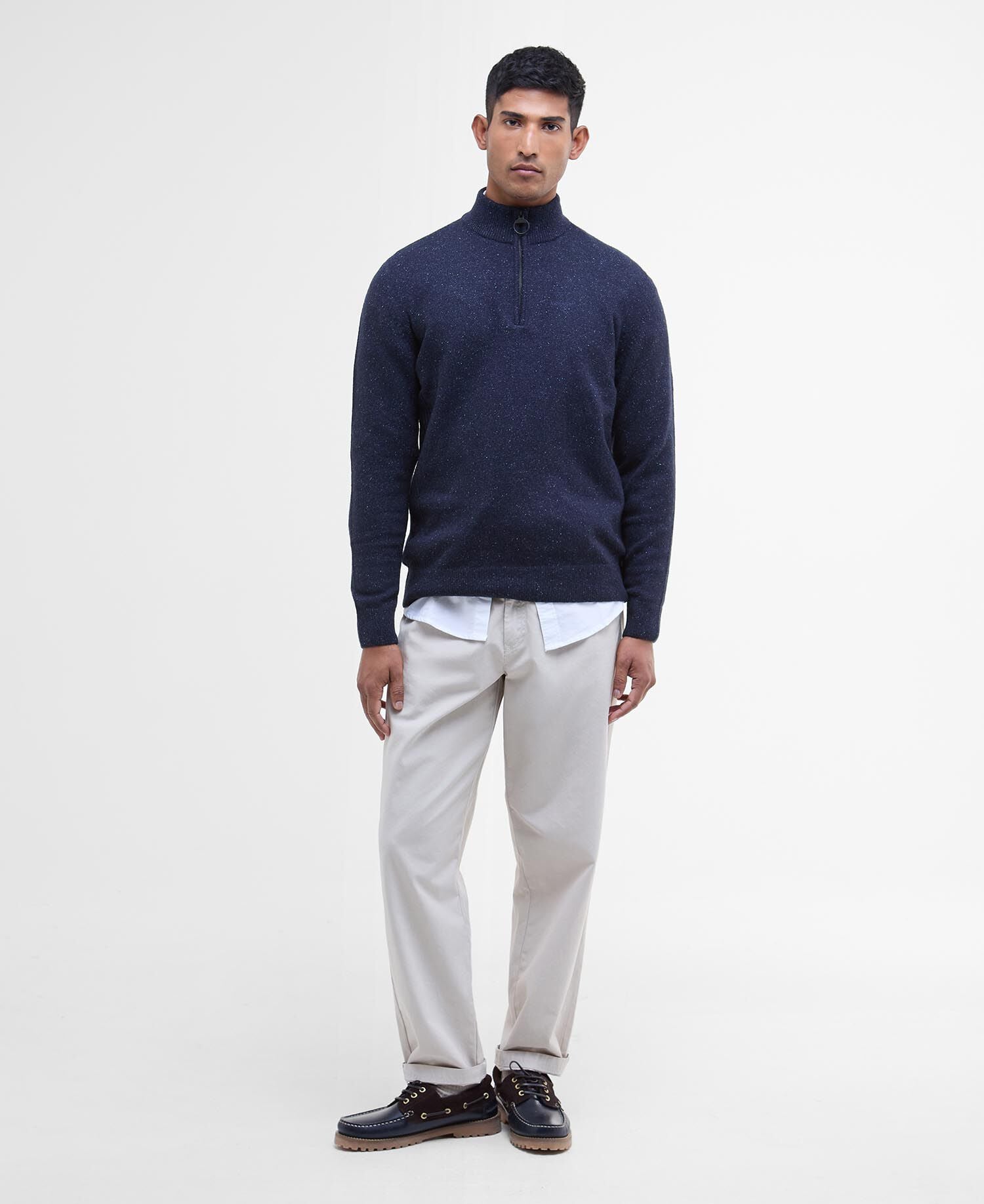Barbour Essential Tisbury Quarter Zip Jumper in Navy - styled