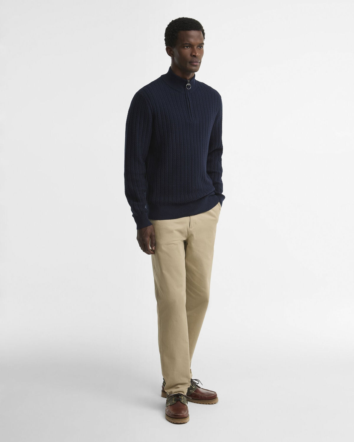 Barbour Herringbone Half Zip Jumper in Navy - styled