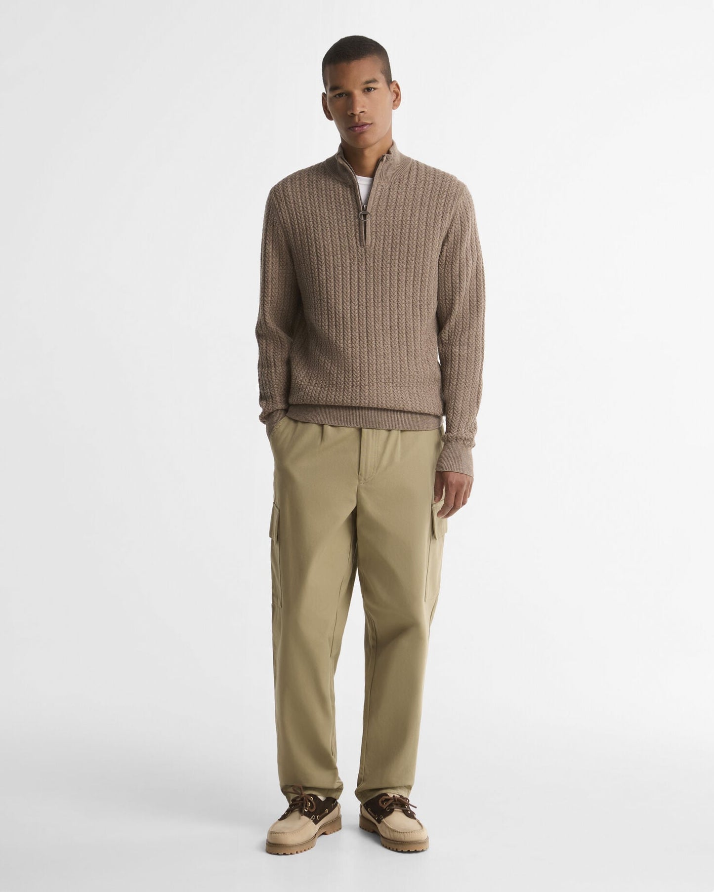 Barbour Herringbone Half-Zip Jumper Stone - styled