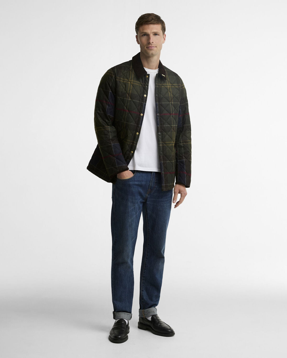 Barbour Icons Tartan Heritage Liddesdale Quilted Jacket in Tartan Green - styled