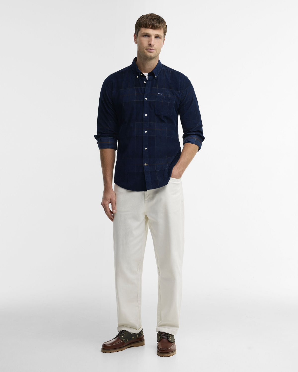 Barbour Blair Tailored Long-Sleeved Shirt in Midnight Tartan - styled