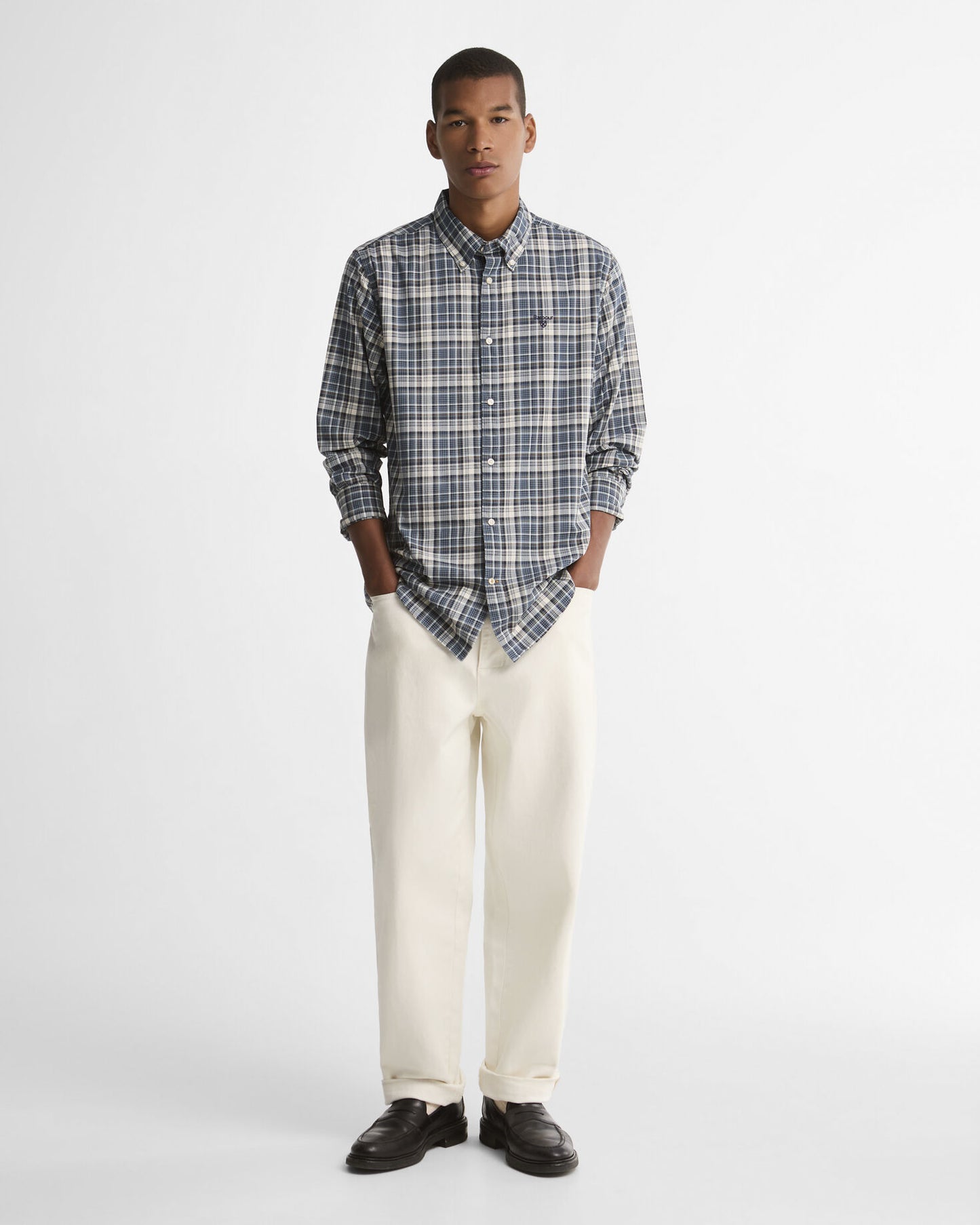 Barbour Mosswood Tailored Long-Sleeved Shirt in Navy - styled