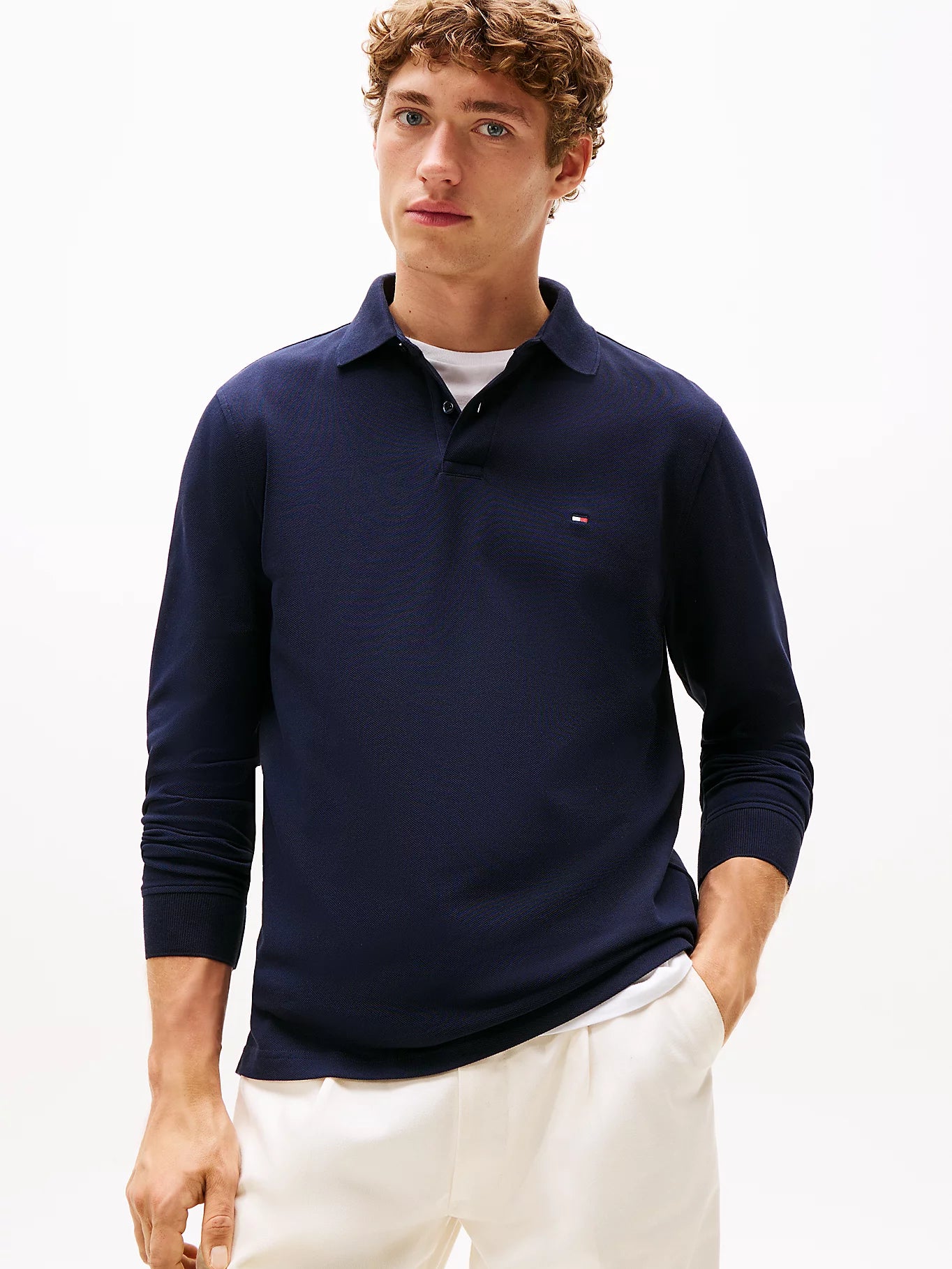 Tommy Hilfiger 1985 Regular Fit Pique Long Sleeve Polo Shirt - Desert Sky MW0MW20183_DW5_main
