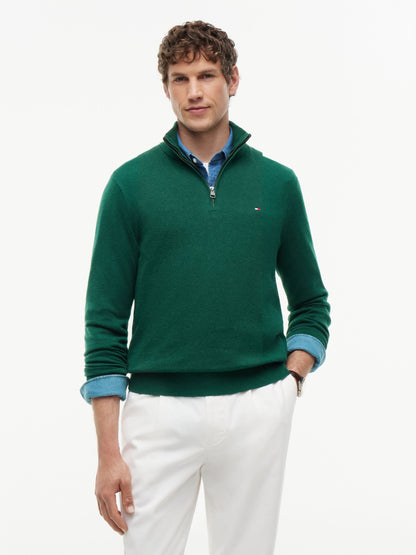 Tommy Hilfiger Pima Cotton Cashmere Zip Mock Jumper - Ornamental Green Heather MW0MW28049_MQ7_alternate1_ay