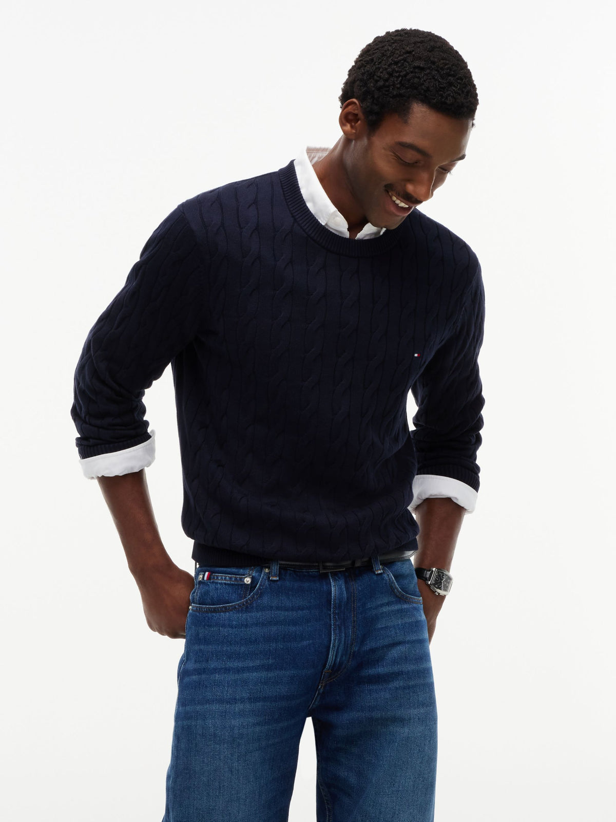 Tommy Hilfiger Classic Cotton Cable Crew Neck Jumper - Navy MW0MW33132_DW5_alternate1_ay