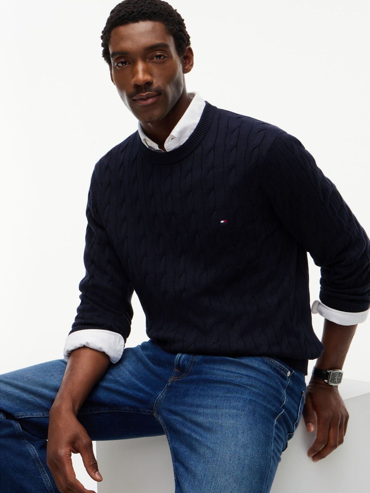 Tommy Hilfiger Classic Cotton Cable Crew Neck Jumper - Navy MW0MW33132_DW5_alternate3_ay