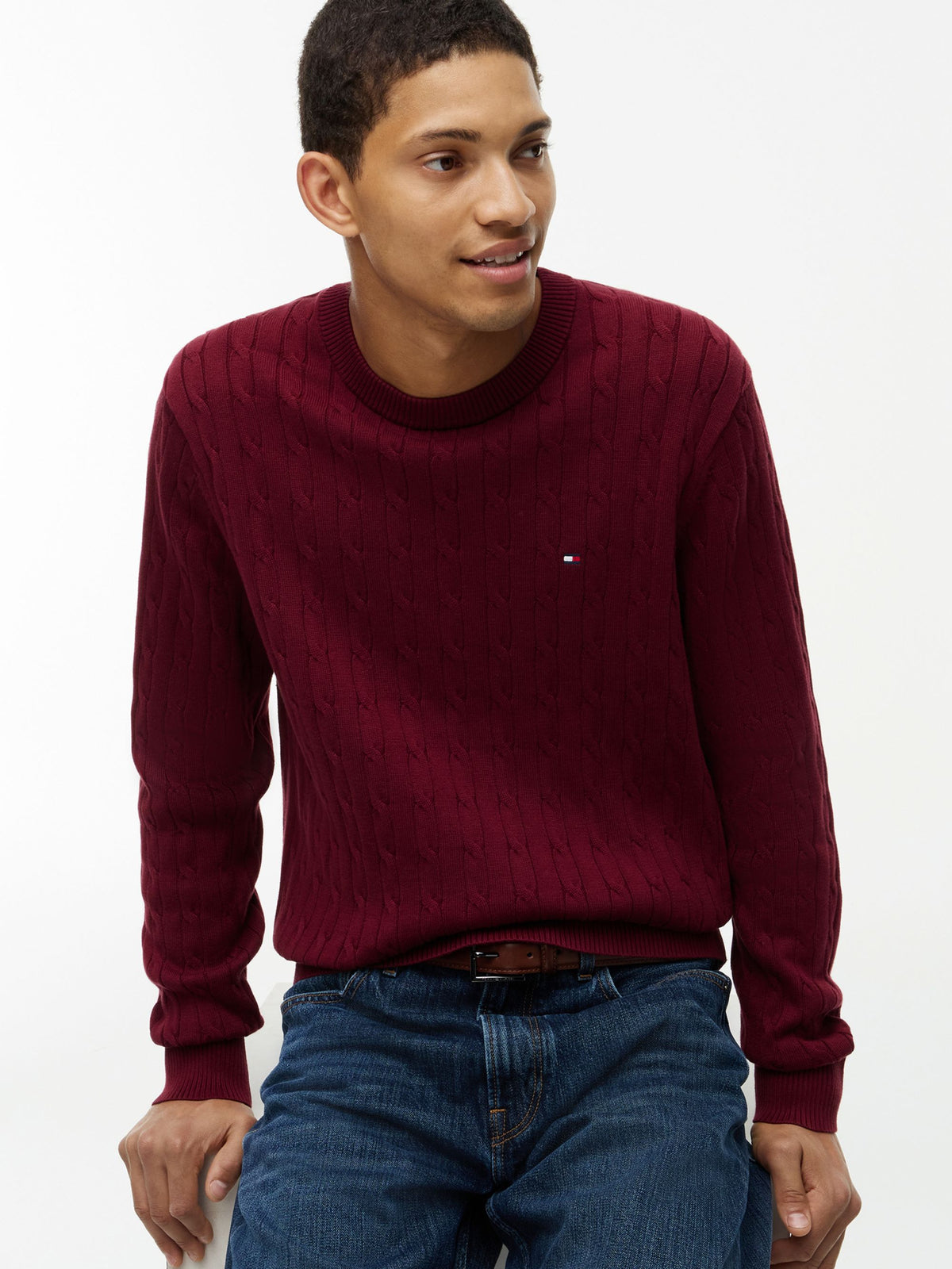 Tommy Hilfiger Classic Cotton Cable Crew Neck Jumper - Burgundy MW0MW33132_VLP_alternate3_ay