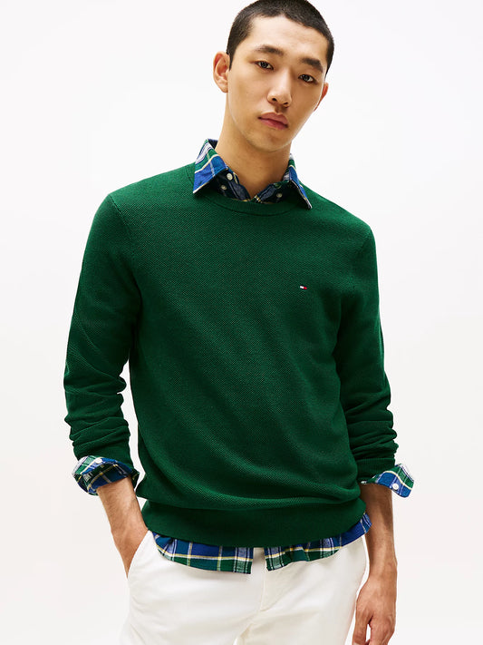 Tommy Hilfiger Flag Embroidery Textured Crew Neck Jumper - Ornamental Green Heather MW0MW36347_MQ8_main